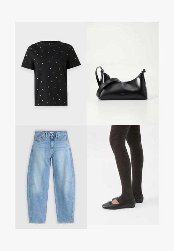 Zwart T-shirt met korte mouwen van katoen, bezaaid met kleine gouden hartjespatronen die gelijkmatig over de stof verspreid zijn. Ronde halslijn.; Lichtblauwe denim jeans met een relaxte pasvorm, met een hoge taille, rechte pijpen en subtiele stiksels op de voorzakken.; Benen met donkere geribbelde leggings gecombineerd met zwarte ballerina's met kleine strikdetails op een witte achtergrond.; Zwarte leren handtas met een gladde textuur. Beschikt over een verstelbare schouderband en een strak, minimalistisch ontwerp met een ritssluiting.