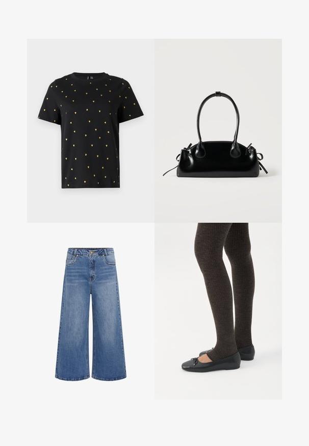 Must have lühikeste varrukatega must T-särk, mis on valmistatud puuvillast ja millel on ühtlaselt jaotatud väiksed kuldsed südame mustrid. Ümmargune kaelus.; Laiad sinised denim püksid kõrge vöökohaga, millel on nööbkinnitus, viis taskut ja õrn fade. Õmmeldud ääred klassikalise disainiga.; Jalad seljas tumedad soonelises soonelises kombines mustade baleriinadega, millel on väikesed paelade detailid valgel taustal.; Väike must läikiv käekott kahe pika sangaga ja külgedel paelakinnitustega, ühel lihtsal helel taustal.