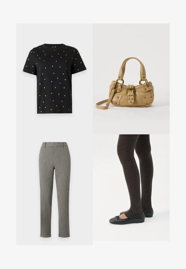 Zwart T-shirt met korte mouwen van katoen, bezaaid met kleine gouden hartjespatronen die gelijkmatig over de stof verspreid zijn. Ronde halslijn.; Grijze op maat gemaakte slim-fit broek met riemlussen en omslagen bij de zoom, geschikt voor formeel of kantoor.; Benen met donkere geribbelde leggings gecombineerd met zwarte ballerina's met kleine strikdetails op een witte achtergrond.; Beige leren handtas met dubbele handvatten, messing gesps en klinknagel details, en een verstelbare schouderriem tegen een witte achtergrond.