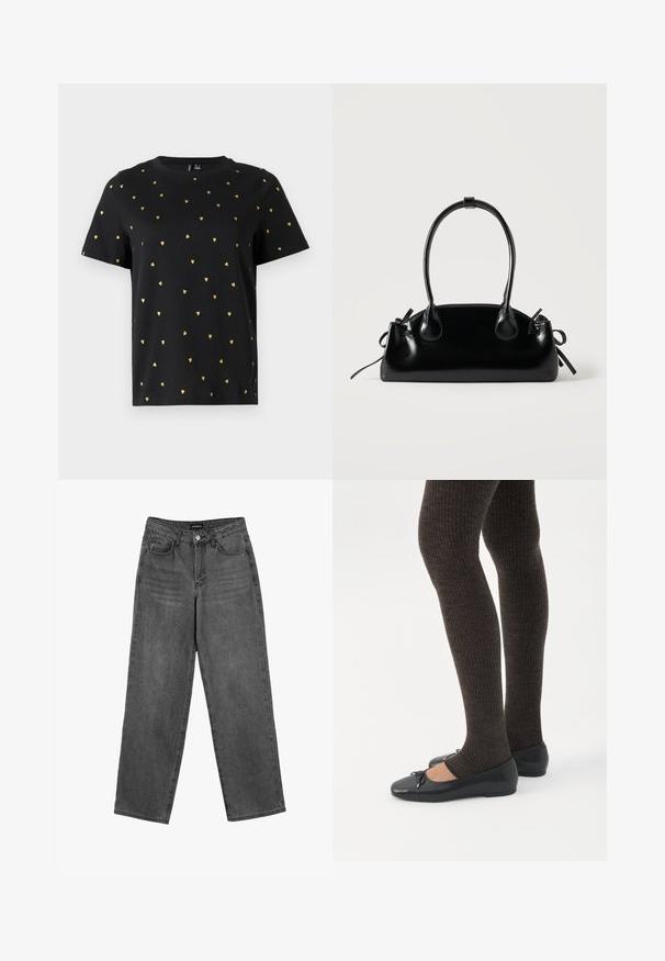 Zwart T-shirt met korte mouwen van katoen, bezaaid met kleine gouden hartjespatronen die gelijkmatig over de stof verspreid zijn. Ronde halslijn.; Zwarte high-waisted straight-leg jeans met een knoop aan de voorkant en zakken, weergegeven op een witte achtergrond.; Benen met donkere geribbelde leggings gecombineerd met zwarte ballerina's met kleine strikdetails op een witte achtergrond.; Kleine zwarte glanzende handtas met twee lange hengsels en zijkant trekkoord details op een effen lichte achtergrond.