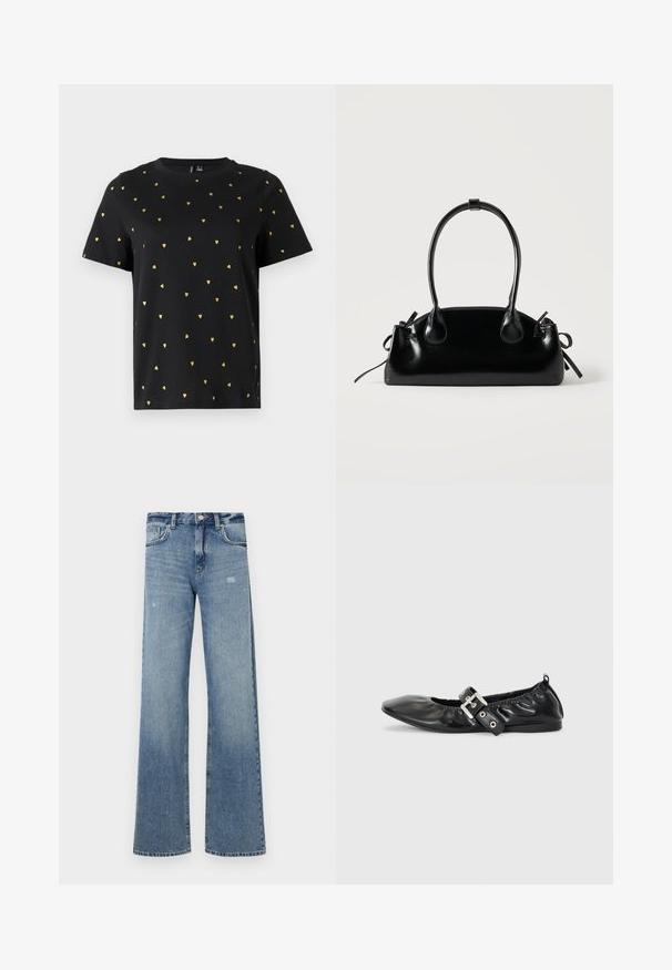 Camiseta negra de manga corta hecha de algodón, con pequeños patrones de corazones dorados distribuidos uniformemente por toda la tela. Cuello redondo.; Jeans de mezclilla azul claro con cintura alta, diseño de pierna ancha, ligera desgastación y estructura tradicional de cinco bolsillos.; Zapato plano de piel negra con puntera afilada, detalle fruncido alrededor de la abertura y un acento de hebilla plateada en la correa ajustable.; Pequeño bolso negro brillante con dos asas largas y detalles de cordón lateral sobre un fondo claro liso.