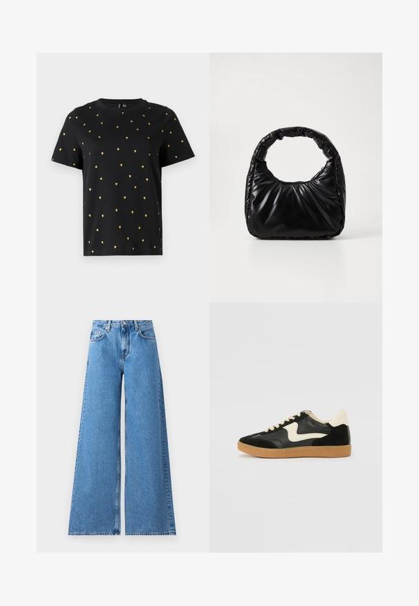 Sort T-shirt med korte ærmer lavet af bomuld, prydet med små guld hjerter, der er jævnt fordelt over stoffet. Rund halsudskæring.; Vide ben blå denim jeans med høj talje, som har et klassisk fem-lomme design og syninger langs siderne for ekstra detalje.; Sorte ruskinds- og lædersneakers med en cremefarvet side-swoosh og lys cremefarvet hæl. Har beige snørebånd og en gummirubber-sål.; Sort polstret håndtaske med et rundt håndtag, der har en glat, skinnende overflade og en blød, kviltet tekstur. Ingen synlige hardware eller accenter.