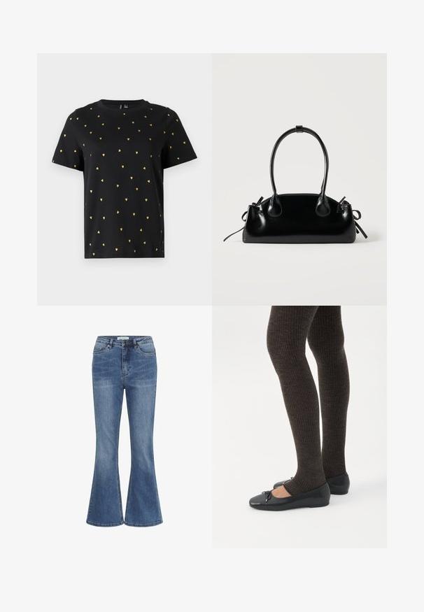 Sort T-shirt med korte ærmer lavet af bomuld, prydet med små guld hjerter, der er jævnt fordelt over stoffet. Rund halsudskæring.; Blå denim jeans med høj talje, frontlukning med knap og lynlås, og let udvidede ben.; Ben iført mørke ribbede leggings kombineret med sorte balletsko med små sløjfedetaljer på hvid baggrund.; Lille sort blank håndtaske med to lange håndtag og snøre-detaljer i siden på en ensfarvet lys baggrund.