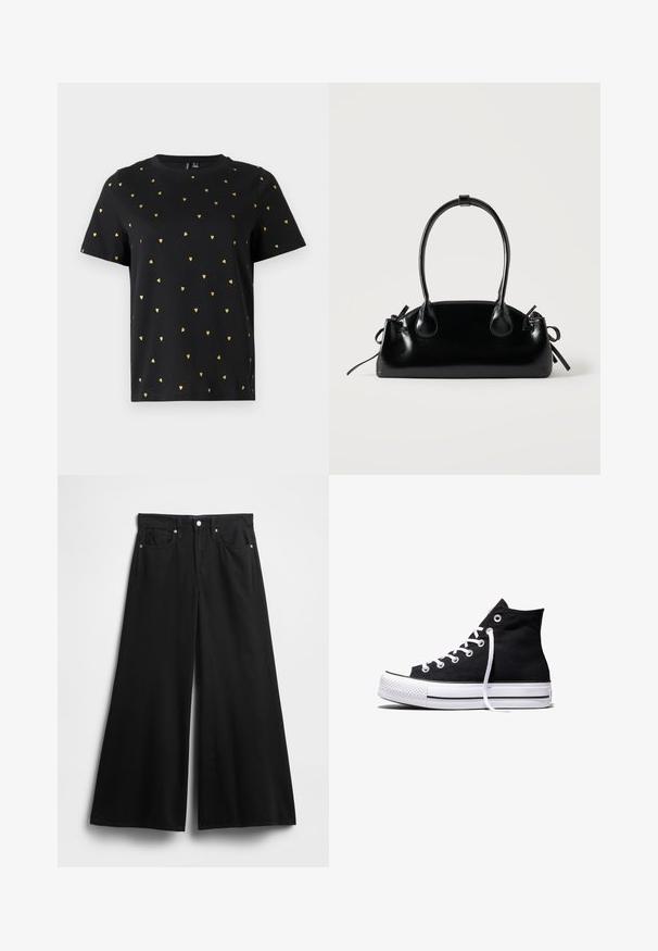 Sort T-shirt med korte ærmer lavet af bomuld, prydet med små guld hjerter, der er jævnt fordelt over stoffet. Rund halsudskæring.; Sorte denimbukser med vide ben, højtaljede, fem lommer, forreste knaplukning og en blød, glat tekstur.; Sort high-top canvas sneaker med hvid gummisål og hvide snørebånd, vist fra siden mod en hvid baggrund.; Lille sort blank håndtaske med to lange håndtag og snøre-detaljer i siden på en ensfarvet lys baggrund.