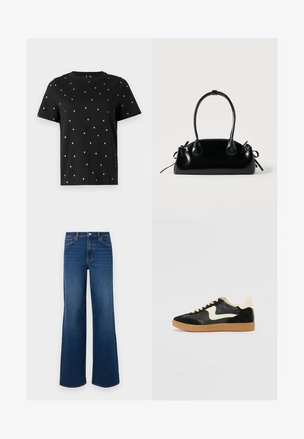 Sort T-shirt med korte ærmer lavet af bomuld, prydet med små guld hjerter, der er jævnt fordelt over stoffet. Rund halsudskæring.; Vidde ben denim jeans i mørkeblå med en tekstureret overflade, der har en knaplukning, fem lomme-design og lige kant.; Sorte ruskinds- og lædersneakers med en cremefarvet side-swoosh og lys cremefarvet hæl. Har beige snørebånd og en gummirubber-sål.; Lille sort blank håndtaske med to lange håndtag og snøre-detaljer i siden på en ensfarvet lys baggrund.