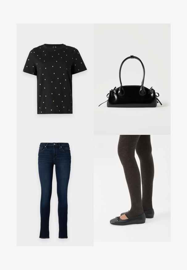 Zwart T-shirt met korte mouwen van katoen, bezaaid met kleine gouden hartjespatronen die gelijkmatig over de stof verspreid zijn. Ronde halslijn.; TOM TAILOR DENIM TTJONA SKINNY FIT - Jeans Skinny Fit - used dark stone blue denim; Benen met donkere geribbelde leggings gecombineerd met zwarte ballerina's met kleine strikdetails op een witte achtergrond.; Kleine zwarte glanzende handtas met twee lange hengsels en zijkant trekkoord details op een effen lichte achtergrond.