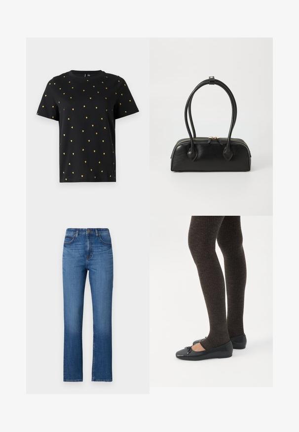 T-shirt noir à manches courtes en coton, arborant de petits motifs en forme de cœur doré répartis uniformément sur le tissu. Col rond.; Jean en denim bleu avec une coupe droite, taille haute, cinq poches et des coutures discrètes le long des coutures. Texture lisse.; Jambes portant des leggings côtelés foncés associés à des ballerines noires avec de petits détails en nœud sur fond blanc.; Sac à main en cuir noir avec deux anses allongées, fermeture éclair et forme arrondie ; texture lisse avec une finition légèrement brillante.