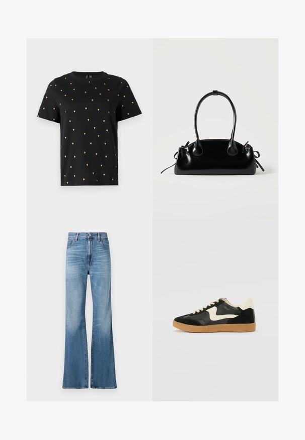 Camiseta negra de manga corta hecha de algodón, con pequeños patrones de corazones dorados distribuidos uniformemente por toda la tela. Cuello redondo.; Replay BECKA PANTS - Vaqueros boyfriend - medium blue; Zapatillas de deporte de ante y cuero negro con un swoosh lateral en crema y un talón en crema claro. Presenta cordones beige y una suela de goma marrón.; Pequeño bolso negro brillante con dos asas largas y detalles de cordón lateral sobre un fondo claro liso.