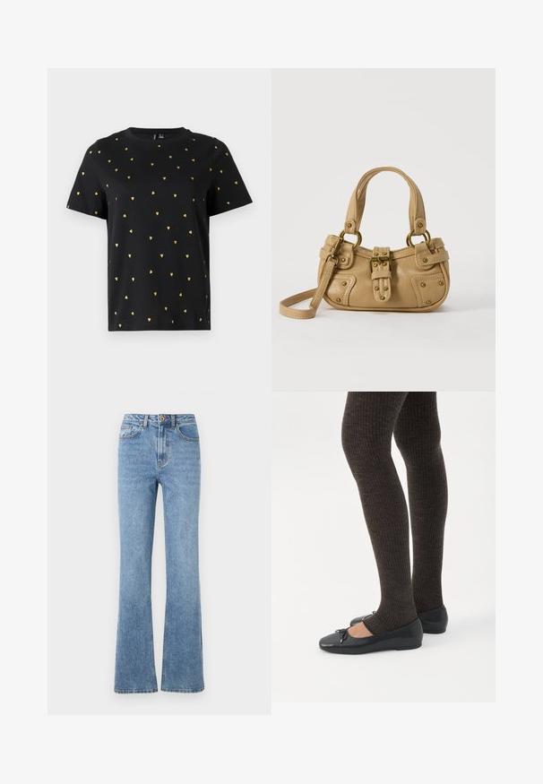 Schwarzes Kurzarm-T-Shirt aus Baumwolle mit kleinen goldenen Herzmotiven, die gleichmäßig über den Stoff verteilt sind. Runder Ausschnitt.; Helle blaue Denim-Jeans mit einem ausgestellten Beindesign, hoher Taille und minimalen Verzierungen. Verfügt über einen klassischen Fünf-Taschen-Stil und dezente Nähte.; Beine in dunklen, gerippten Leggings kombiniert mit schwarzen Ballerinas mit kleinen Schleifendetails auf weißem Hintergrund.; Beige Lederhandtasche mit doppelten Griffen, Messingschnalle und Nieten, sowie verstellbarem Schultergurt vor weißem Hintergrund.