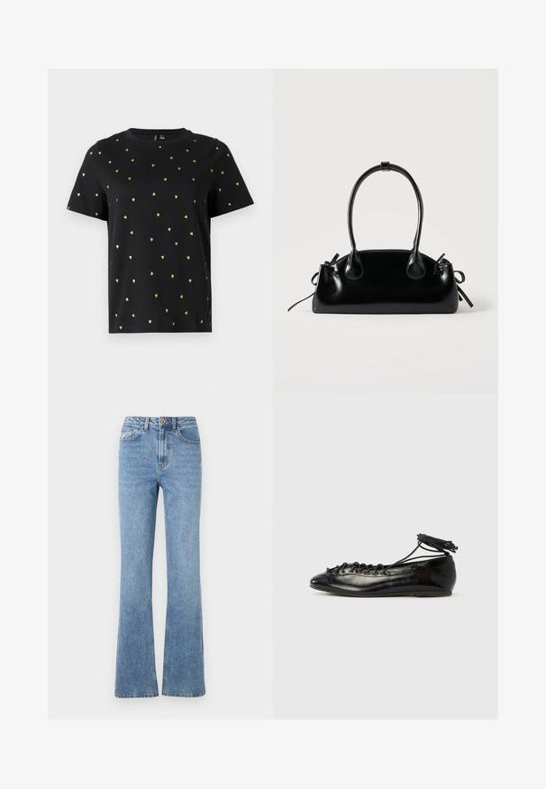 Zwart T-shirt met korte mouwen van katoen, bezaaid met kleine gouden hartjespatronen die gelijkmatig over de stof verspreid zijn. Ronde halslijn.; Lichtblauwe denim jeans met een flare-pasvorm, hoge taille en minimale hardware. Kenmerken zijn de klassieke vijfzak-stijl en subtiele stiksels.; Zwarte ballerina's van lakleer met een afgeronde neus, veterdesign en een platte zool. Glad oppervlak met minimale details.; Kleine zwarte glanzende handtas met twee lange hengsels en zijkant trekkoord details op een effen lichte achtergrond.