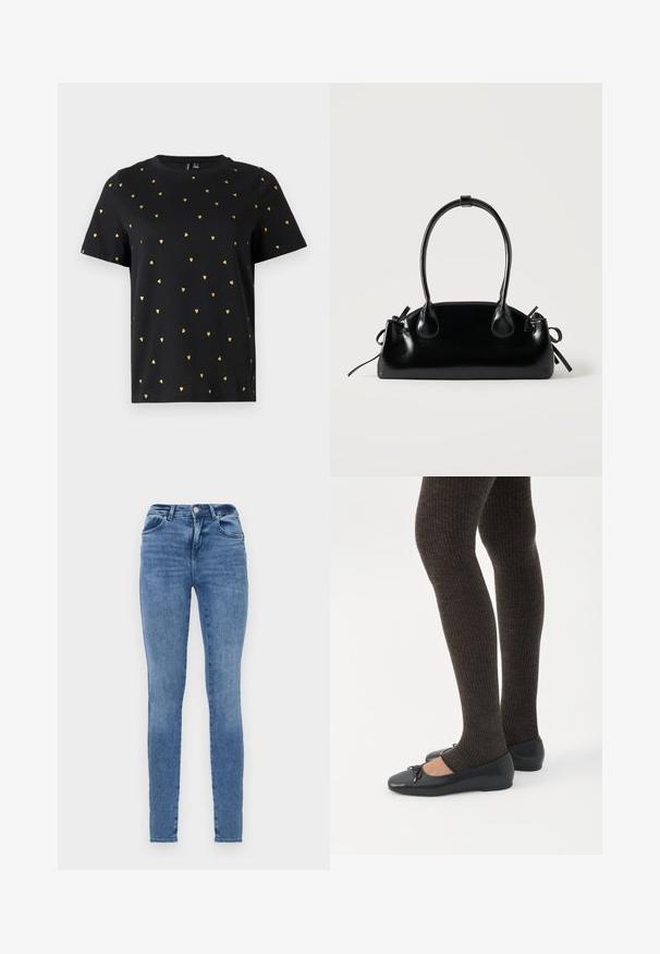 Zwart T-shirt met korte mouwen van katoen, bezaaid met kleine gouden hartjespatronen die gelijkmatig over de stof verspreid zijn. Ronde halslijn.; Skinny jeans van lichtblauwe denim met een klassiek ontwerp. Beschikt over vijf zakken, riemlussen en een subtiele vervaagde textuur.; Benen met donkere geribbelde leggings gecombineerd met zwarte ballerina's met kleine strikdetails op een witte achtergrond.; Kleine zwarte glanzende handtas met twee lange hengsels en zijkant trekkoord details op een effen lichte achtergrond.