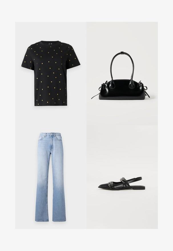 Camiseta negra de manga corta hecha de algodón, con pequeños patrones de corazones dorados distribuidos uniformemente por toda la tela. Cuello redondo.; Jeans de mezclilla azul claro de corte acampanado con una cintura alta, que cuentan con un diseño clásico de cinco bolsillos, un ligero desvanecimiento y un cierre de cremallera con botón.; Even&Odd by Zalando Bailarinas con tira trasera - black; Pequeño bolso negro brillante con dos asas largas y detalles de cordón lateral sobre un fondo claro liso.
