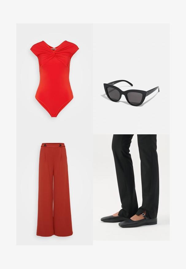 Maillot de bain une pièce rouge avec un détail de nœud tordu au niveau de la poitrine. Comprend des manches courtes et une silhouette ajustée. Texture du tissu lisse.; Pantalon large taille haute couleur rouille avec deux boutons foncés à la taille sur fond blanc.; Jambes vêtues d’un pantalon slim noir avec des fentes à l’avant de l’ourlet, assorties à des chaussures plates Mary Jane noires avec une petite bride à boucle.; Lunettes de soleil noires en forme d'œil de chat avec une finition mate, dotées de verres teintés gris, d'angles aigus et de branches élégantes. Nom de la marque visible sur la branche intérieure.