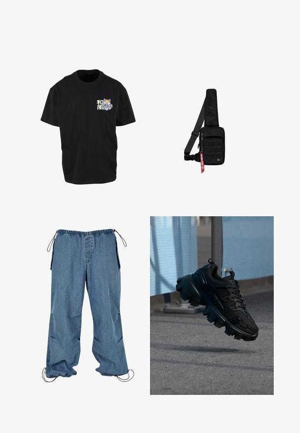 Schwarzes Baumwoll-T-Shirt mit einem zentralen Grafikdesign eines Fuchses, der ein Getränk hält, und mit hellen japanischen Schriftzeichen im Bereich der linken Brust.; Hellblaue Jeanshose mit elastischem Bund, Kordelzug an den Säumen und seitlichen Taschen. Der Stoff scheint weich zu sein und hat eine leicht ausgebleichte Textur.; Schwarzer klobiger Sneaker mit dicker Profilsohle, der über einem grauen Gehweg schwebt, vor einem verschwommenen hellblau-grauen Hintergrund.; Schwarze Umhängetasche aus strukturiertem Stoff. Ausgestattet mit einem Reißverschluss-Hauptfach, einer vorderen Tasche mit Gurtband, verstellbarem Riemen und einem dekorativen Anhänger.
