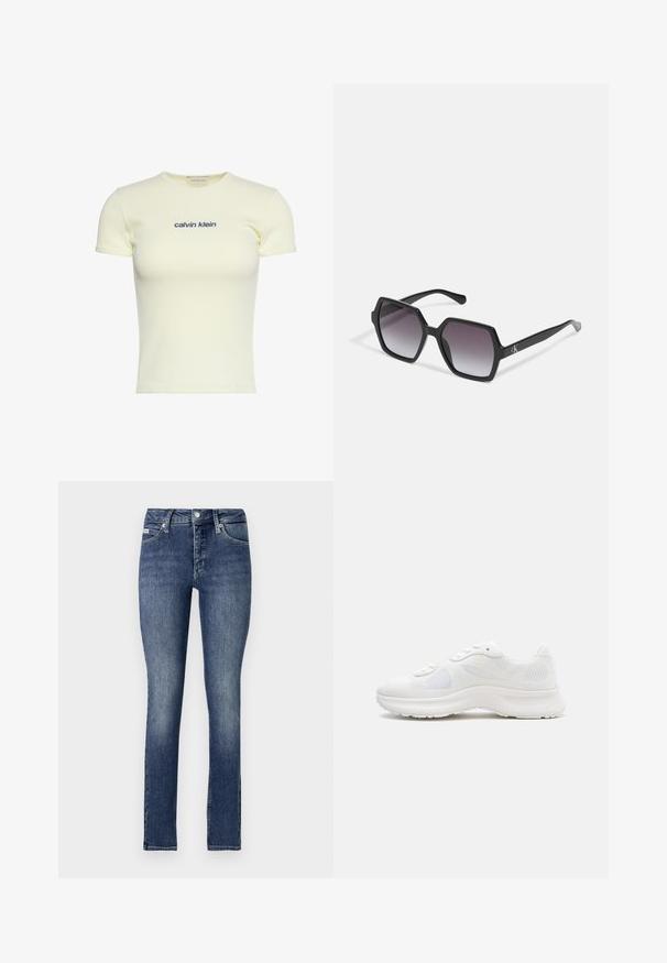 Lyhythihainen, kerma värinen ribbipaita, jossa laivastonsininen "calvin klein" logo kirjottuna rinnan keskelle.; Kapeat farkut tummassa pesussa, joissa on keskikorkea vyötärö, viisi taskua, näkyvät tikkaus ja napitus vyötäröllä.; Valkoinen matala lenkkari, jossa on verkkokangasta ja kuvioitua kangasta yläosassa, pehmustettu pohja ja nauhallinen suljentamekanismi, sivuprofiilissa.; Mustat kuusikulmaiset aurinkolasit, joissa on gradient-linssit, kiiltävä pinta ja hienovarainen brändäys sankassa. Kestävä muovinen rakenne.