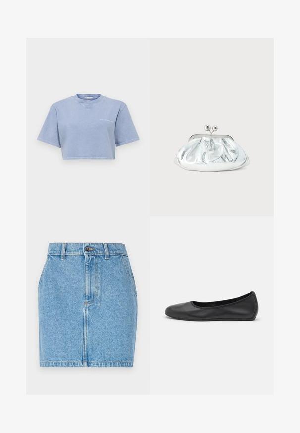 T-shirt bleu clair raccourci en tissu doux, avec des manches courtes, un col rond et un petit motif graphique sur le devant.; Jupe en denim bleu clair, avec un design ajusté, un style à cinq poches et des coutures contrastées. Le matériau a une finition texturée.; Ballerines en cuir noir avec un bout rond, texture lisse, détails de couture minimalistes et design de semelle flexible.; Petit sac pochette métallique argenté avec un design arrondi et froncé, fermeture à clip avec deux boules argentées.