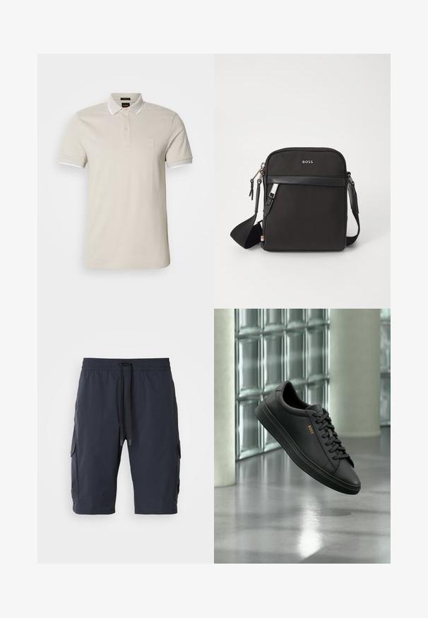 Beige poloshirt van katoen, met een witte kraag, korte mouwen en een getextureerd logoplaatje op de borst.; Marine cargoshorts met een elastische tailleband, een trekkoord aan de voorkant, zijzakken en een gladde textuur. Duurzaam materiaal, geschikt voor casual dragen.; Zwarte lage leren sneaker met zwarte veters en gouden BOSS-logo aan de zijkant, zwevend boven glanzende grijze vloer in een moderne binnenruimte.; Zwarte schoudertas van textuurstof, met logo aan de voorkant, ritssluiting en verstelbare schouderband. Voorzien van een gladde leren rand.