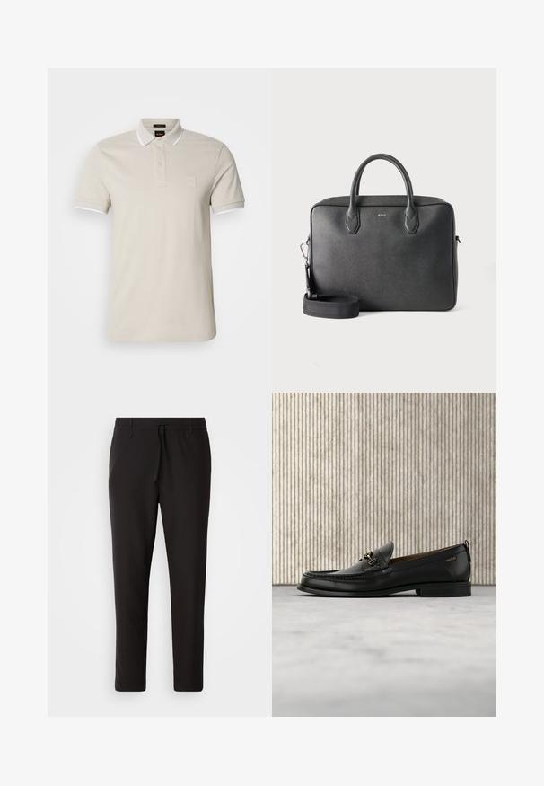 Polo beige en coton, avec un col blanc, des manches courtes et un écusson texturé sur la poitrine.; Pantalons de jogging noirs en tissu lisse. Dotés d'une taille élastique avec cordon de serrage, jambes fuselées, et sans poches visibles. Design simple.; Mocassin en cuir noir avec mors en métal doré et logo "HUGO", présenté sur un tapis beige et un meuble translucide marron.; Serviette en cuir noire avec deux poignées supérieures, bandoulière détachable et petit logo BOSS centré à l'avant sur fond uni.