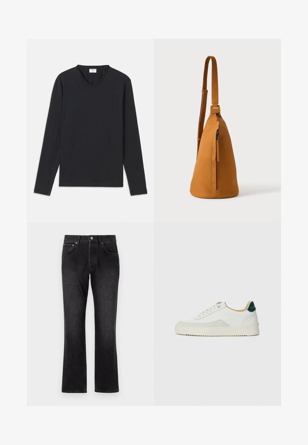 Sort langærmet T-shirt med V-halsdesign, lavet af blødt stof, med lige snit og ingen synlige mønstre eller accenter.; Sorte denim jeans med et lige ben-design, der har en mellemhøj talje, forlommer og en klassisk knaplukning.; Hvide sneakers med ruskindsdetaljer, rund tå, flade snørebånd og en cremet gummisål. Har grøn branding på hælen.; Tan læder crossbodytaske med justerbar rem og lodret lynlåslomme, vist fra siden mod en ensfarvet lys baggrund.