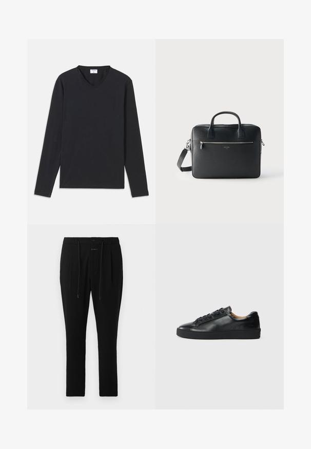 Schwarzes langärmliges T-Shirt mit V-Ausschnitt, aus weichem Stoff gefertigt, mit gerader Passform und ohne sichtbare Muster oder Akzente.; CLOSED VIGO TAPERED - Chino - dark night; Schwarze Leder-Sneaker mit glatter Textur, runder Zehenpartie und Schnürverschluss. Verfügt über eine dicke Gummisohle und minimalistische Marken-Details.; Schwarze rechteckige Lederaktentasche mit zwei Griffen, frontaler Reißverschlusstasche und abnehmbarem Schulterriemen vor schlichtem hellem Hintergrund.