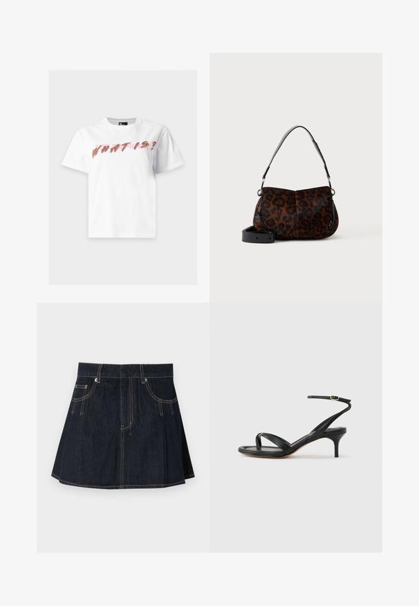 Wit T-shirt met korte mouwen en ronde halslijn met gestructureerde roze en bruine handgeschreven tekst over de borst.; Denim rok in donkerblauw, met een uitlopende uitstraling, riemlussen, voorzakken en contrasterende stiksels langs de naden.; Zwarte leren dames sandaal met dunne bandjes, een teengreep, een enkelgesp en een stilettohak van gemiddelde hoogte op een neutrale achtergrond.; Kleine schoudertas met afneembare band, bruine en zwarte luipaardprint en zwart handvat op een effen lichte achtergrond.