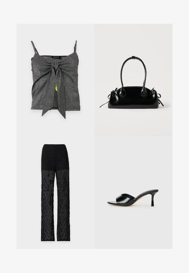 Haut court sans manches en argent-gris brillant avec des fines bretelles et un large nœud à l'avant noué au centre.; Pantalon long en dentelle noire avec une ceinture unie et des jambes partiellement transparentes sur un fond clair et uni.; Mules à talons hauts en cuir noir avec un design à bout ouvert et une large sangle supérieure incurvée. Texture lisse et silhouette élégante.; Petit sac à main noir brillant avec deux longues anses et des détails à cordon sur les côtés sur un fond clair uni.