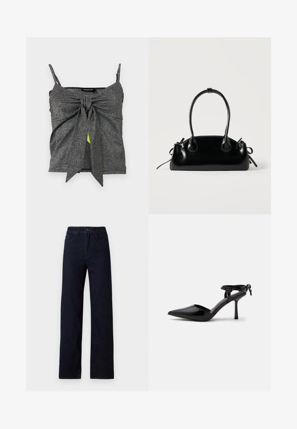 Λαμπερό ασημένιο-γκρι αμάνικο crop top με λεπτές τιράντες και μεγάλο κόμπο μπροστά, δεμένο στο κέντρο.; Σκούρο μπλε τζιν παντελόνι με ίσια γραμμή, διαθέτει πέντε τσέπες, κλείσιμο με κουμπί μπροστά και διακριτή υφή χωρίς διακοσμητικά στοιχεία.; Μαύρο παπούτσι με ψηλό τακούνι από γυαλιστερό δέρμα, μυτερή μύτη και λουράκι στον αστράγαλο δεμένο με κόμπο στο πίσω μέρος, απεικονισμένο σε απλό λευκό φόντο.; Μικρή μαύρη γυαλιστερή τσάντα με δύο μακριές λαβές και λεπτομέρειες με ρυθμιζόμενο κορδόνι στο πλάι σε απλό ανοιχτό φόντο.