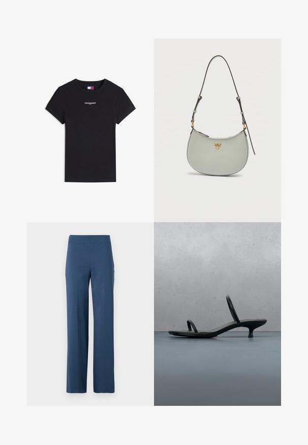 Sort kortærmet ribstrikket bomulds-T-shirt med hvidt "tommyjeans" logo centreret på brystet og lille Tommy Jeans flaglabel inde i kraven.; Mørkeblå, vidde bukser lavet af blødt, strækbart stof. Har høj talje og et rent, udekoreret design uden lommer.; Sort Calvin Klein sandal med hæl og tynde stropper, balancerende på træfliser udendørs nær en væg og grønne planter.; Lysegrå halvmåneformet håndtaske med justerbar mørk rem og lille gyldent emblem på fronten mod hvid baggrund.