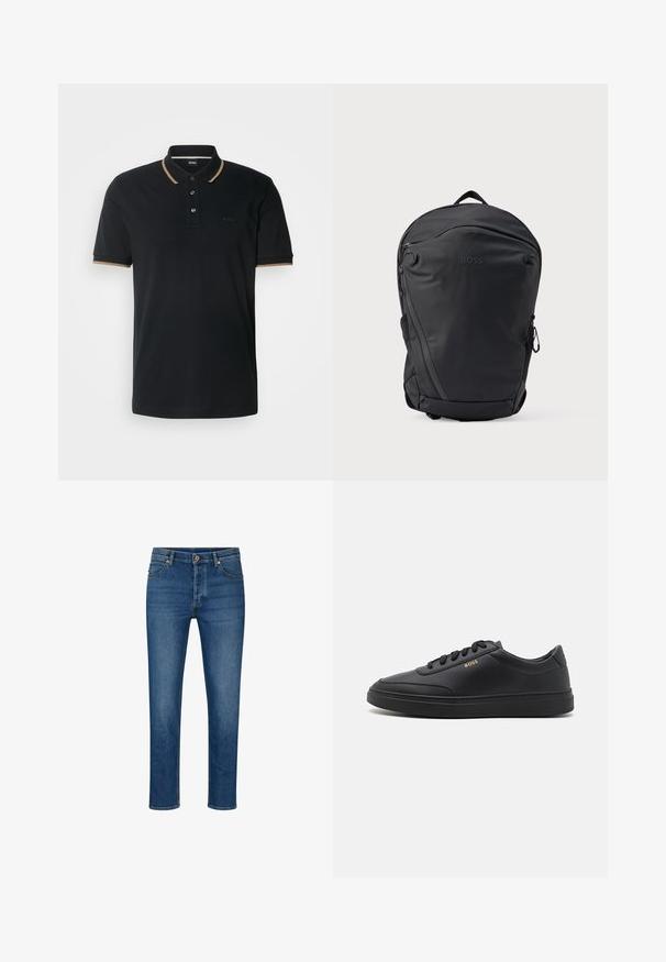 Sort polo skjorte lavet af tekstureret stof, med en krave med tan trim, tre knapper og et diskret logo på brystet.; Blå denimjeans med lige pasform, der har fem lommer, bæltestropper og knaplukning. Lys whiskering og kontraststing.; Sorte lædersneakers med en glat overflade, rund tå, flad gummisål og tonede snørebånd. Udstyret med guld "BOSS" branding på siden.; Sort rygsæk lavet af glat, holdbart stof med et slankt, buet design. Har lynlåslommer og et mærket logo på fronten.