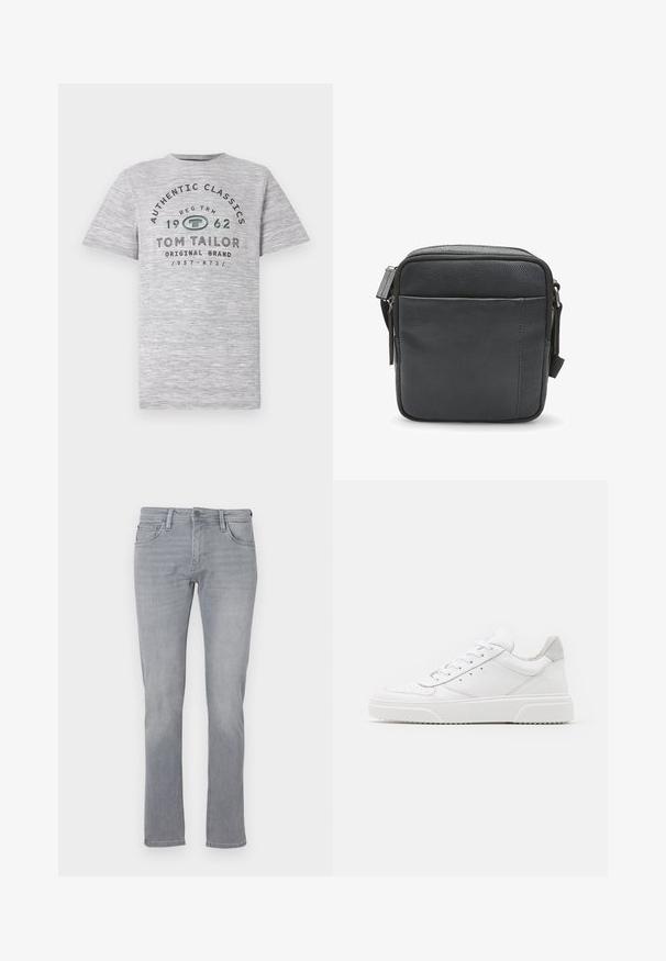 Graues Heather-Kurzarmshirt mit dem Aufdruck "Authentic Classics 1962" und "Tom Tailor" in kontrastierenden dunkelgrünen und schwarzen Buchstaben.; Graue Jeans aus Denim mit geradem Bein, ausgestattet mit einem Frontknopf und einem Reißverschluss, fünf Taschen und subtilen Verwaschungen.; Weiße Leder-Sneaker mit glatter Oberfläche, rundem Zehenbereich, flachen Schnürsenkeln und strukturiertem Schuhsohlen. Graues Wildleder-Detail an der Ferse.; Schwarze Leder-Crossbody-Tasche mit strukturiertem Finish, ausgestattet mit einem oberen Reißverschluss und einer vorderen Reißverschlusstasche. Kompaktes und quadratisches Design.
