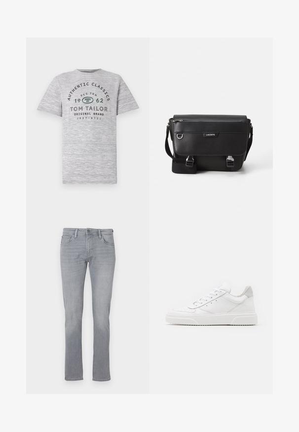 Graues Heather-Kurzarmshirt mit dem Aufdruck "Authentic Classics 1962" und "Tom Tailor" in kontrastierenden dunkelgrünen und schwarzen Buchstaben.; Graue Jeans aus Denim mit geradem Bein, ausgestattet mit einem Frontknopf und einem Reißverschluss, fünf Taschen und subtilen Verwaschungen.; Weiße Leder-Sneaker mit glatter Oberfläche, rundem Zehenbereich, flachen Schnürsenkeln und strukturiertem Schuhsohlen. Graues Wildleder-Detail an der Ferse.; Schwarze, strukturierte Lacoste-Umhängetasche mit verstellbarem Tragegurt, Frontklappe, Reißverschlusstasche und Metallschnallen.