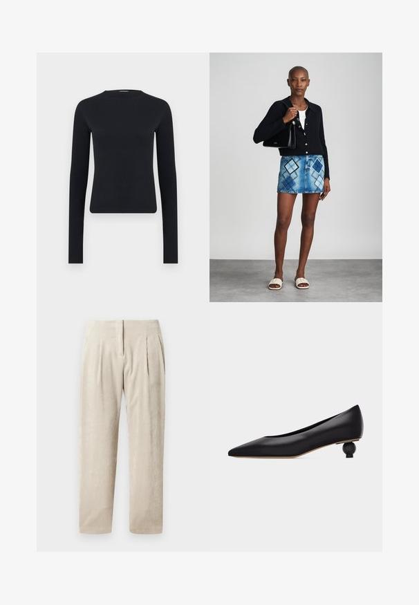 Haut court noir à manches longues et coupe ajustée avec encolure ronde, fabriqué en tissu tricoté côtelé, présenté sur un fond gris clair uni.; Pantalons en velours côtelé beige avec des côtes verticales, dotés de deux plis avant, d'une coupe ajustée et d'un design à jambe droite.; Chaussure noire à bout pointu avec un talon bas unique sculpté en forme ronde et une tige en cuir lisse, vue de profil sur un fond blanc.; Un cardigan en maille noir, un haut blanc, une jupe en denim avec un motif de diamants bleus et noirs, un sac à main noir et des sandales à enfiler beiges.