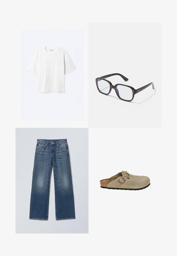 Camiseta blanca de manga corta con cuello redondo y dobladillo recto, con etiqueta de la marca "WEEKDAY" dentro del escote.; Vaqueros de mezclilla azul de corte recto con cinco bolsillos, trabillas para cinturón, cierre de botón y detalles desteñidos en la parte frontal de los muslos.; Zuecos de ante beige con punta redondeada, correa ajustable y hebilla, media suela de corcho y suela de goma negra texturizada para mayor tracción.; Gafas rectangulares de carey con lentes transparentes, que presentan montura gruesa, detalles dorados y un diseño elegante.