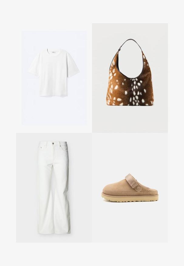 Camiseta blanca de manga corta con cuello redondo y dobladillo recto, con etiqueta de la marca "WEEKDAY" dentro del escote.; Vaqueros blancos de talle alto y pierna recta con botón frontal, cierre de cremallera y bolsillos laterales y traseros, sobre un fondo liso y claro.; Zueco de ante en beige con parte superior texturizada, correa ajustable y una suela de goma robusta con un patrón de tacos para un mejor agarre.; Bolso marrón y negro con textura de piel blanca con manchas y una sola correa negra para el hombro sobre un fondo liso.