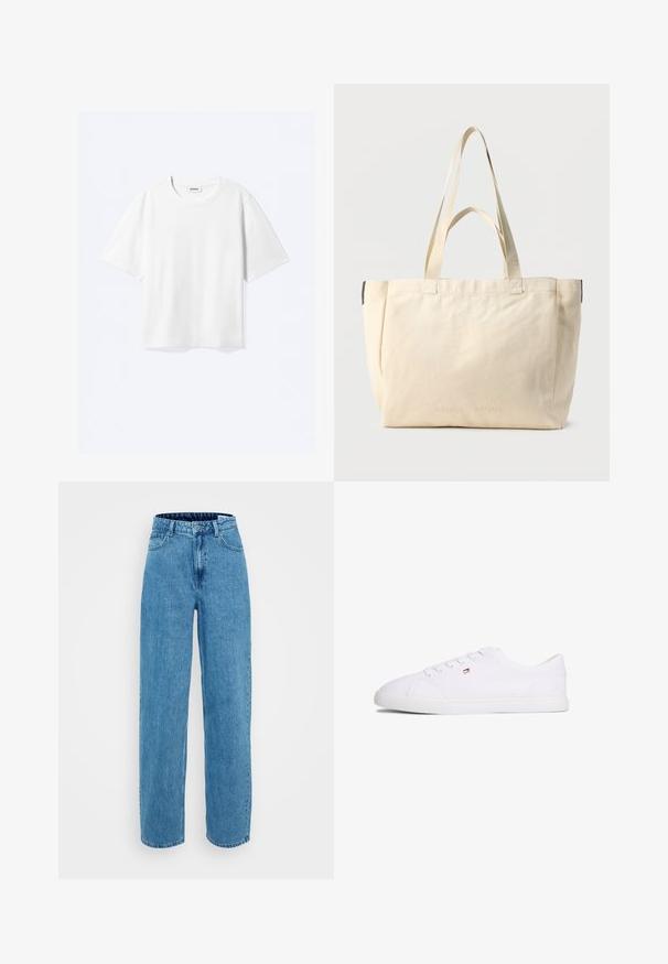 Camiseta blanca de manga corta con cuello redondo y dobladillo recto, con etiqueta de la marca "WEEKDAY" dentro del escote.; Jeans de mezclilla azul claro con cintura alta, diseño de pierna ancha, que cuentan con cinco bolsillos y cierre de botón. Textura suave con ligero desvanecimiento.; Zapatilla blanca de corte bajo con cierre de cordones y pequeño logo en rojo, blanco y azul en el lateral, suela plana de goma.; Bolsa tote de lona beige con dos juegos de asas, diseño sencillo y sutil marca en relieve "SAMSOE SAMSOE" en la parte frontal.