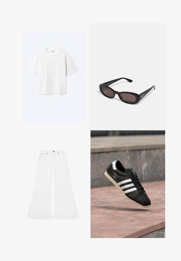T-shirt blanc à manches courtes avec col rond et ourlet droit, étiquette de marque "WEEKDAY" à l’intérieur de l’encolure.; Jean évasé blanc en denim, avec une fermeture à bouton, cinq poches et des accents en métal noir.; Baskets en cuir noir avec des rayures blanches et une semelle blanche, lacées, flottant au-dessus d'une surface en béton rosée avec un mur en pierre grise en arrière-plan.; Lunettes de soleil noires avec des montures ovales, des verres teintés foncés et "vogue" imprimé en blanc sur les branches extérieures. Matériau en plastique lisse.