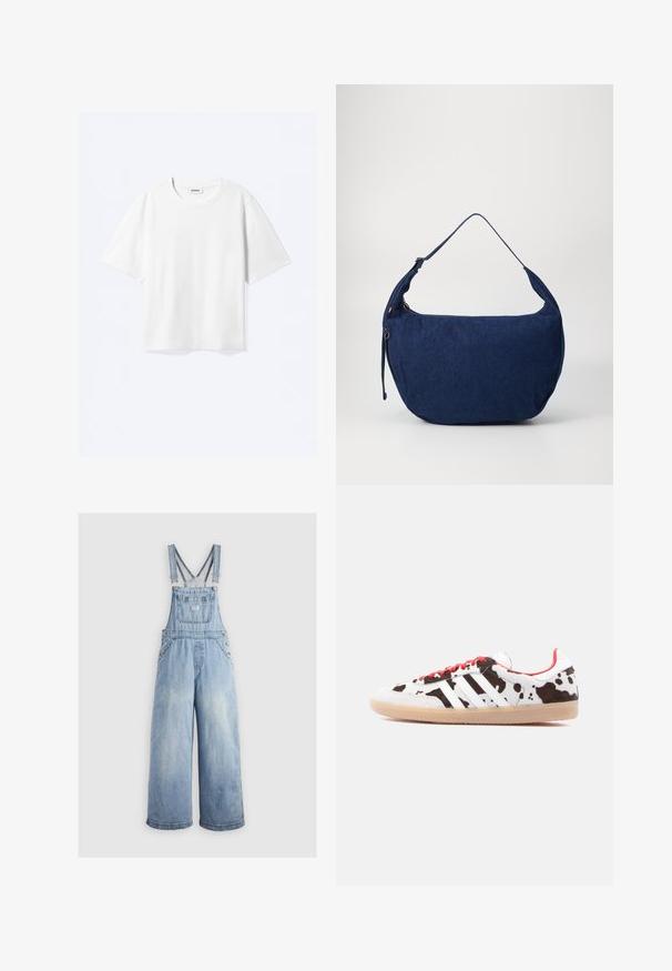 Witte T-shirt met korte mouwen en een ronde hals met rechte zoom, met een "WEEKDAY" merklabel aan de binnenkant van de hals.; Lichtblauwe denim overall met wide benen, verstelbare schouderbanden, een voorzak en metalen knopen aan de zijkanten. Klassieke stijl met een ontspannen pasvorm.; Witte sneakers met een koeienprint, rode veters en drie witte strepen. Gestructureerd bovenwerk en een zool van gumrubber.; Blauwe leren schoudertas met een gebogen vorm, verstelbare schouderband, ritsluiting en een subtiele textuur. Heeft een minimalistisch ontwerp en geen zichtbare hardware.
