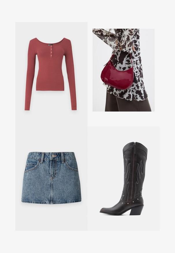 Støvet rosa ribbet langærmet skjorte med rund hals og fire sølv snapknapper på fronten, vist fladt på hvid baggrund.; Denim mini nederdel i middelblå vask, med en tætsiddende talje, forlommer og subtile syninger. Glat, struktureret stoffinish.; Brune læder cowboystøvler med flammebroderi, sidelukning med lynlås, sølvnitter, spids snude og lagdelt hæl.; Kvinde iført en sort- og hvidmønstret bluse, der holder en blank rød skuldertaske mod en ensfarvet baggrund.