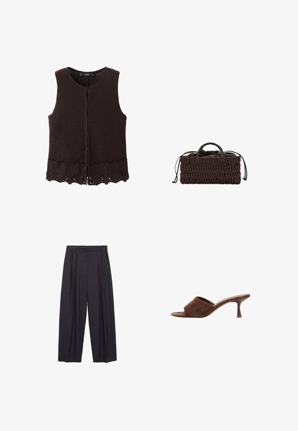 Sleeveless dark brown knitted vest with round neckline and floral lace trim along the hem, front open with no visible fasteners.; Wide-leg pants in dark navy fabric with subtle vertical stripes, featuring a button closure and a structured waistband.; Brown suede open-toe mule with a mid-height, curved wooden heel and slip-on design on a white background.; Rectangular dark brown woven handbag with two short handles and a black drawstring fabric pouch inside.