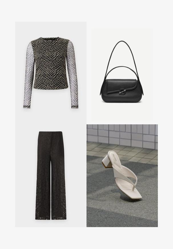 Haut à manches longues avec un imprimé zèbre noir et beige sur le corps, des manches en mesh semi-transparentes et un décolleté rond.; Pantalons larges en dentelle noire avec un motif floral, surface texturée, taille haute et coupe ample pour le confort et le style.; Sandale à talon beige avec un bout carré et des lanières croisées sur un bitume gris près d'un mur carrelé.; Sac à main en cuir noir avec bords arrondis, rabat asymétrique, fermoir circulaire en métal, et des bandoulières courtes et longues.