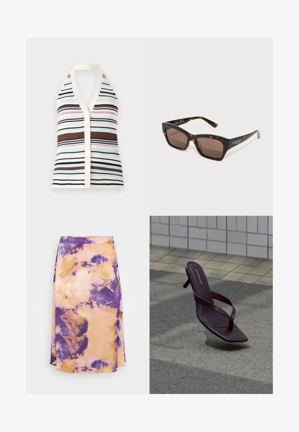 Stribet ribbet tanktop med V-udskæring, prydet med blå, pink, brun og sorte striber; cremefarvet kant og fem hvide knapper ned ad fronten.; Lilla og orange tie-dye midi-nederdel i blødt stof med A-form og subtil struktur, der har en glat talje og flydende design.; Mørkebrune sandaler med hæl, firkantet tå og tynde stropper svævende over tekstureret fortov nær flisevæg.; Skildpaddemønstrede solbriller med kantede stel, brune linser og guld "vogue" branding på armene. Tekstur mønster på stellet.