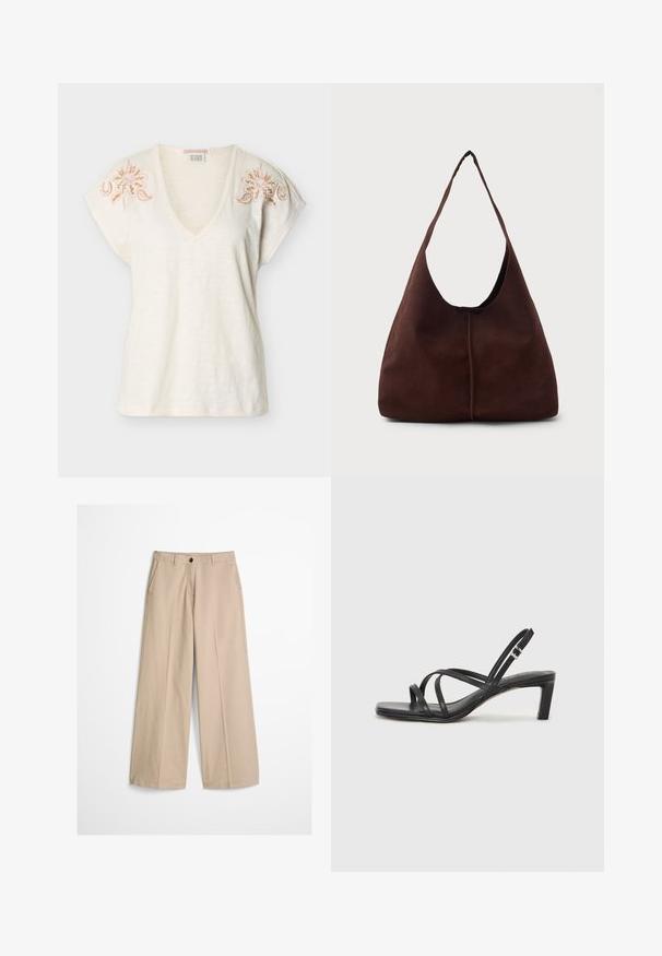 Haut crème à manches courtes et col en V avec broderie florale rose et dorée sur les épaules, confectionné en tissu léger et légèrement texturé.; Pantalon beige à jambes larges avec pli frontal, passants pour ceinture, fermeture par bouton et une petite étiquette en tissu sur le côté droit de la ceinture.; Sandale noire à lanières avec un bout carré et un petit talon bloc. Elle présente plusieurs fines lanières et une sangle de cheville ajustable. Fabriquée en cuir lisse.; Sac hobo en daim marron avec une grande ouverture courbée et une large bandoulière. Présente une couture centrée à l'avant. Texture lisse.