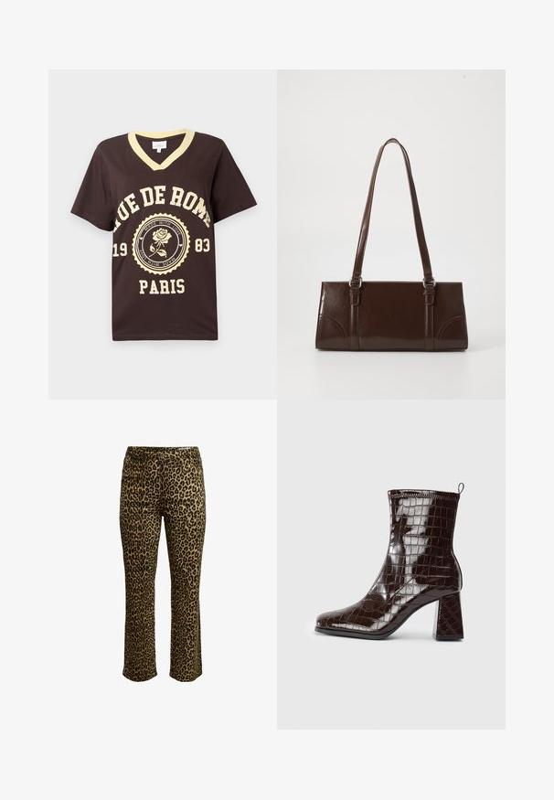 Brun T-shirt med V-hals og cremefarvet krave samt teksten "RUE DE ROME 1983 PARIS" og et cremefarvet rosemblem i midten.; Leopardmønstret bukser med slim fit, knaplukning og syning i taljen samt let stræk for komfort.; Mørkebrun patentlæder ankelstøvle med krokodillemønster, blokhæl og trækstrop bagpå mod hvid baggrund.; Brun lakeret håndtaske med rektangulær form, to lange håndtag og subtile buede detaljer på fronten.