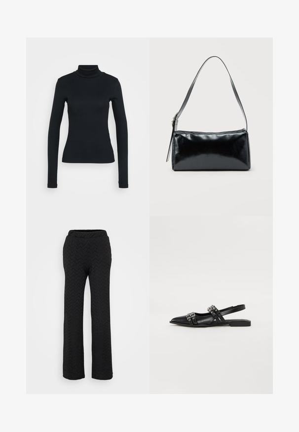 Pull à col roulé noir à manches longues à côtes, avec une silhouette ajustée sur un fond clair.; Pantalons noirs à jambes larges présentant un motif en zigzag texturé, une taille élastique et un tissu léger pour le confort.; Even&Odd by Zalando Ballerines à brides arrière - black; Sac d'épaule rectangulaire noir avec une sangle réglable unique et une fermeture éclair supérieure sur un fond uni.