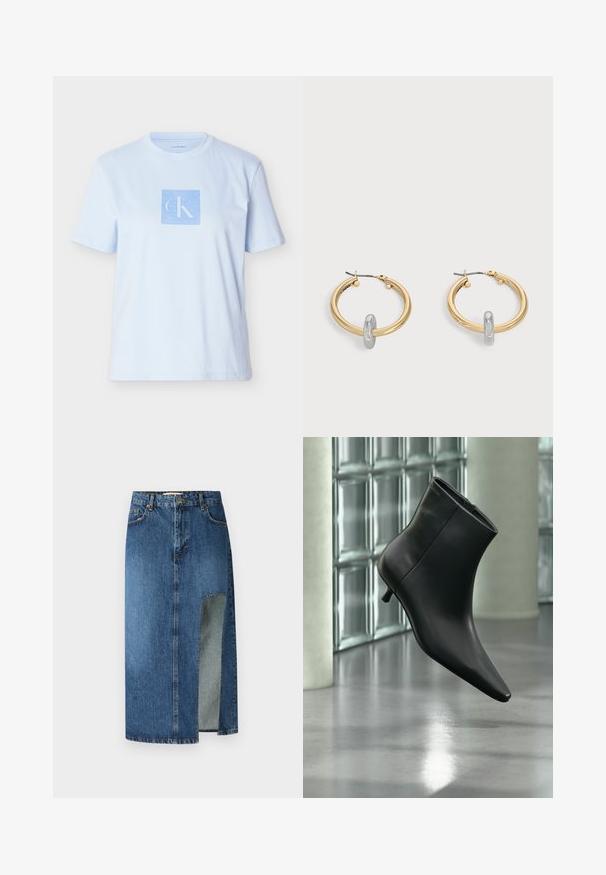 Lyseblå bomuld T-shirt med et firkantet grafisk logo i en mørkere blå farve. Kortærmet og rund halsudskæring med en afslappet pasform.; Denimskørt i medium blå med lige snit og sidelæg. Har klassisk fem-lomme-design og bæltestropper, med synlige stikninger.; Sort læderankelstøvle med spids tå og lav kitten-hæ, vist vinklet mod en poleret gulv- og glasblokvæg.; Par guldtonede hoop øreringe med lille sølvfarvet loop-detalje på hver, vist mod lysegrå baggrund.