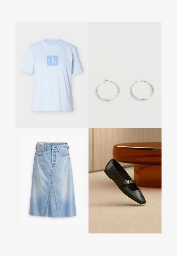 Lyseblå bomuld T-shirt med et firkantet grafisk logo i en mørkere blå farve. Kortærmet og rund halsudskæring med en afslappet pasform.; Lysblå denimnederdel med lige snit, frontspalte, filt kant, fem lommer og metalhardwaredetaljer.; Sort læder flad sko med spids tå og gyldent CK-logo på rem, placeret på beige tæppe nær et rundt ravbrunt bord.; Sølvfarvede metaloorringe med glat, let buet overflade og låsemekanisme på en ensfarvet hvid baggrund.