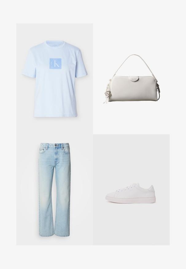 T-shirt en coton bleu clair avec un logo graphique carré dans un bleu plus foncé. Manches courtes et col rond avec une coupe décontractée.; Jeans à jambes larges bleu clair en denim, présentant un design classique à cinq poches et une texture légèrement décolorée. La couture en denim est visible.; Baskets blanches avec un dessus en cuir lisse, bout rond et semelle en caoutchouc plate. Présente un système de laçage et un logo discret sur le côté.; Sac à main rectangulaire blanc Calvin Klein avec une seule poignée, design minimaliste et pampilles décoratives avec un charm métallique géométrique sur le côté.