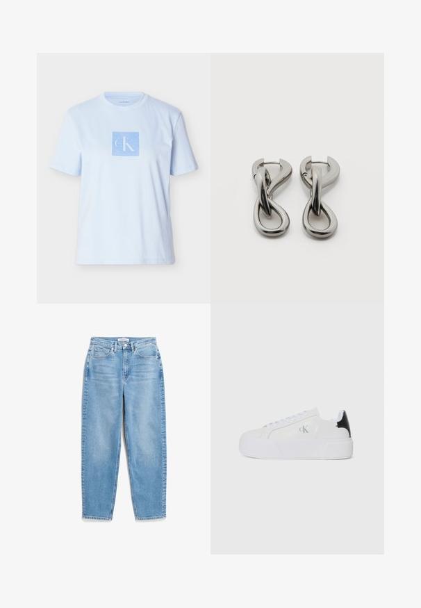 Hellblaues Baumwoll-T-Shirt mit einem quadratischen Grafiklogo in dunklerem Blau. Kurze Ärmel und ein runder Ausschnitt mit lockerem Schnitt.; Hellblaue Denim-Jeans mit geradem Bein, fünf Taschen und dezentem Ausbleichen an der Vorderseite. Mit klassischem Knopfverschluss an der Taille.; Calvin Klein Jeans FLATFORM LACE UP - Sneaker low - bright white/black; Paar silberfarbene Metallohrringe mit abstraktem ineinandergreifendem Schlaufen-Design auf weißem Hintergrund.