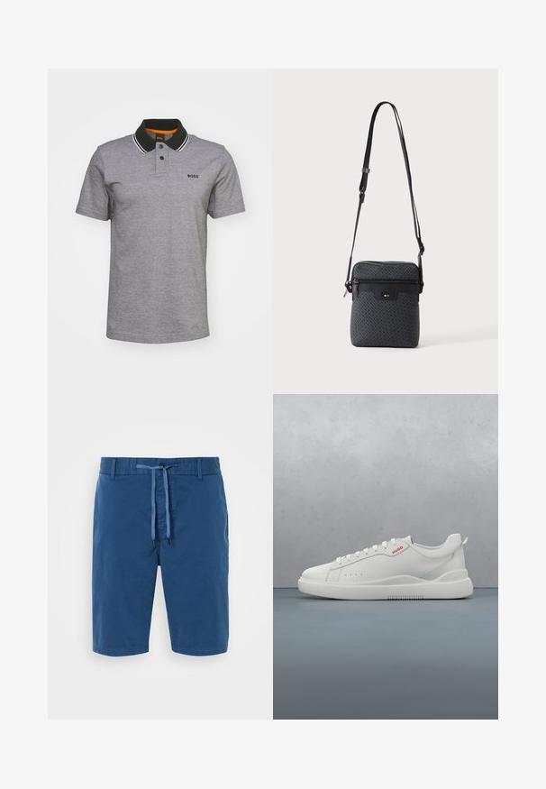 Graues Polohemd aus Baumwollmischung, mit schwarzem Kragen und weißen Streifen, Zwei-Knopf-Leiste und gesticktem Logo auf der Brust.; Blaue Baumwollshorts mit einem elastischen Bund, Kordelzug, Seitentaschen und einer glatten Textur. Keine Muster oder Akzente sichtbar.; Weiße Sneaker aus glattem Leder, runde Spitze, vier Ösen, dezente Perforationen und ein rotes Logodetail an der Seite.; Kleine graue Umhängetasche mit verstellbarem Riemen, Frontreißverschlusstasche und geprägtem „BOSS“-Logo auf der Vorderseite.
