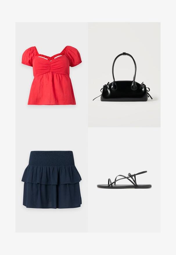Rød kortærmet bluse med puffærmer, rynket bust, samlet empire talje og en V-formet udskæring nedenfor kraven.; Marineblå mininederdel med bredt smocked taljebånd og lagdelte flæsedetaljer øverst.; Sorte flade sandaler med tynde, krydsende remme, åben tådesign og en minimalistsk sål. Har et lille spænde detaljer til justering.; Lille sort blank håndtaske med to lange håndtag og snøre-detaljer i siden på en ensfarvet lys baggrund.